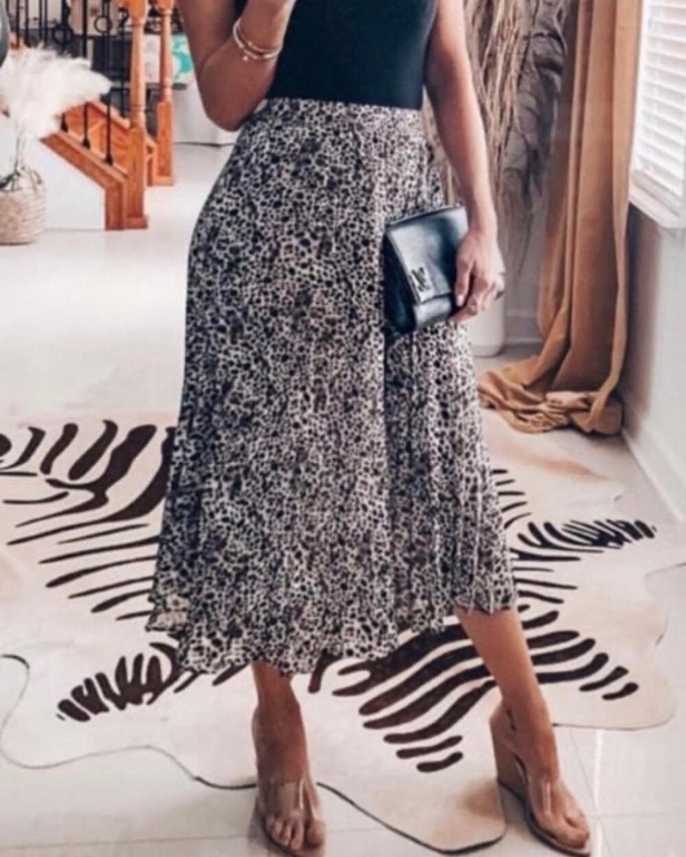 A New Day Leopard Print Pleated Midi Skirt XS Animal Print